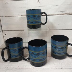 Set of 4 Vintage Blue Black Coffee Mugs Made in France – Aztec Tribal Arcoroc